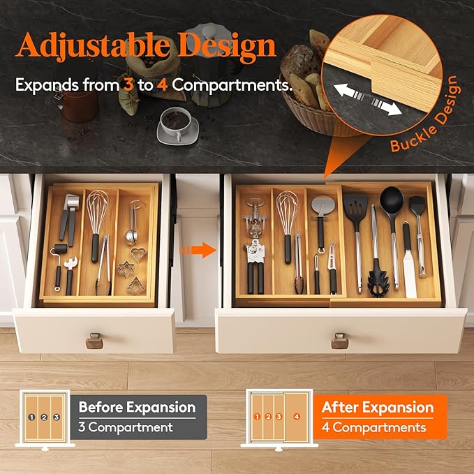 Lifewit Utensil Drawer Organizer, Expendable Cooking Silverware Tray for Kitchen Drawer, Bamboo Adjustable Cutlery Flatware Holder, Spatula Tools and Gadgets Storage Divider, 4 Compartments, Natural