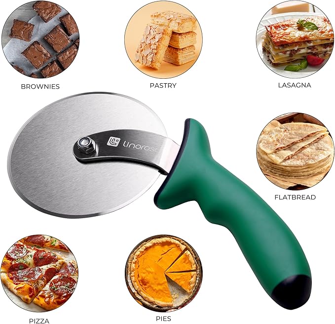 Linoroso Pizza Cutter Wheel, Durable Stainless Steel 4-Inch Pizza Wheel Cutter with Comfortable Safety Handle, Pizza Slicer Wheel for Cutting Through Pizza, Crust, Pie, Brownie, Flatbread, Green