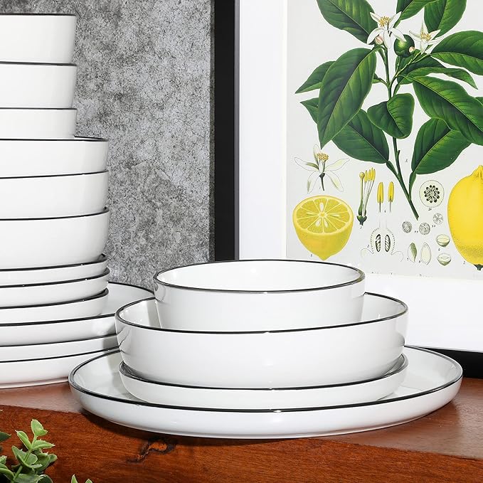Gibson Home Oslo 16 Piece Porcelain Dinnerware Set,White w/Black Rim Rim, Service for 4 (16pcs)