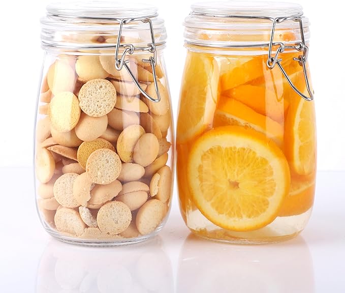 Glass Jars With Airtight Lid 32 Oz Wide Mouth Glass Containers With Lids 2 Pack Airtight Food Grade Storage Canisters With Clasp For Flour, Coffee, Sugar, pickle, Beans, Candy, Nuts, Rice, Pasta