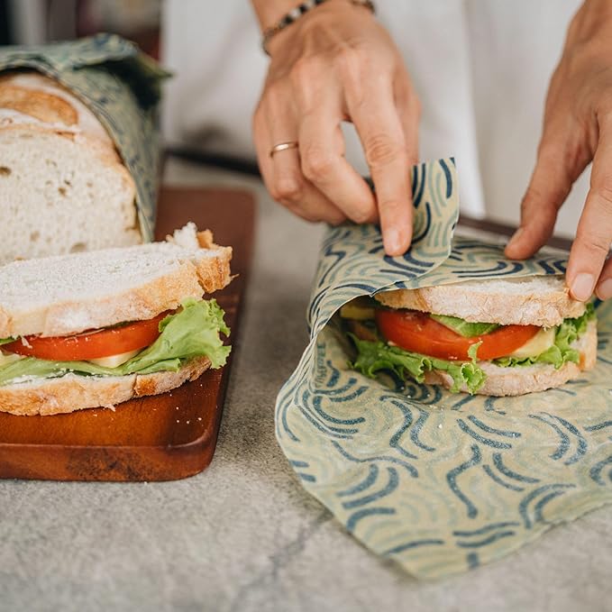 SUPERBEE Beeswax Wrap for Food, Set of 3 Bees Wax Wraps, Reusable for Wrapping Vegetables, Cheese Paper, Bowl Covers and Sandwich Wrapping Paper, Beeswax Food Wrap (Ocean)