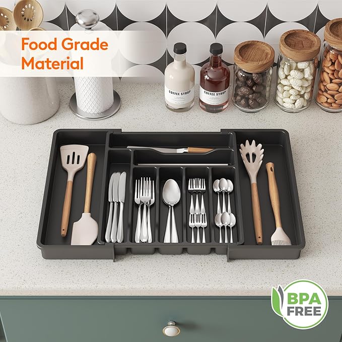 Lifewit Silverware Drawer Organizer, Expandable Utensil Organizer for Kitchen Drawers, Adjustable Cutlery and Flatware Tray, Plastic Spoons Forks Knives Holder Storage Dividers, Large, Black