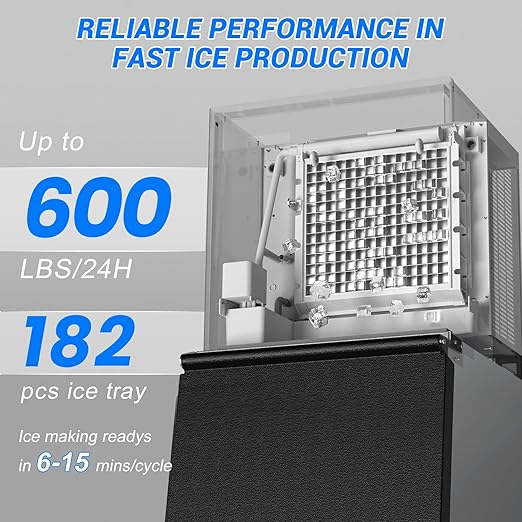Commercial Ice Maker Machine 650LBS/24H with 350LBS Ice Storage Bin – 182 Cubes per Cycle in 6-15 Mins, Stainless Steel Industrial Ice Machine for Restaurants, Bars, Cafes & Business Use