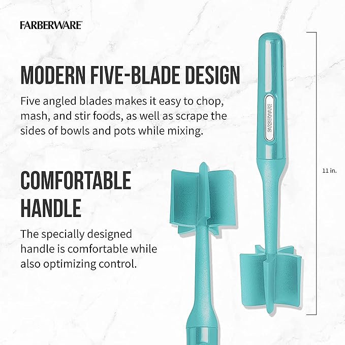 Farberware Heat Resistant Nylon Meat and Potato Masher, Safe for Non-Stick Cookware, Aqua Sky