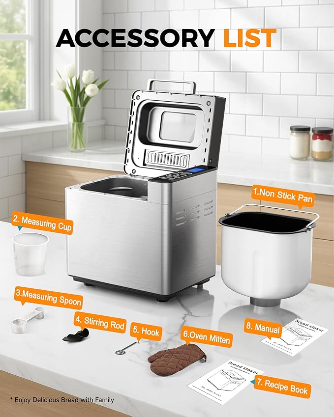 EUHOMY Bread Maker Machine 13 Program 2LB Bread Maker, Bread Machine with 3 Loaf Sizes and 3 Crust Colors, Breadmaker with Fruit & Nut Dispenser,Ideal for Family Gifts, Gluten Free