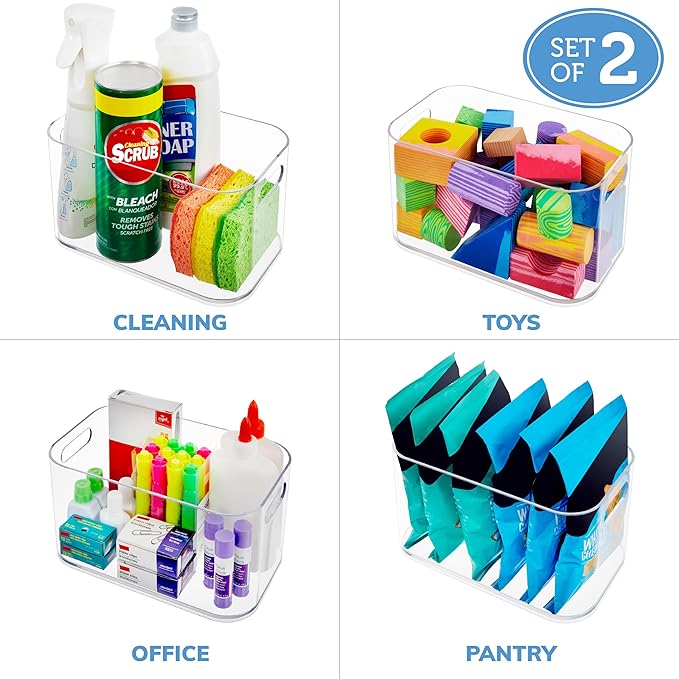 STORi Bliss 10" x 6" Open Clear Pantry Organizer Bin, Set of 2, Plastic Containers with Handle for Kitchen, Fridge, Cabinet, Closet, Bathrom, Undersink Storage Made in USA