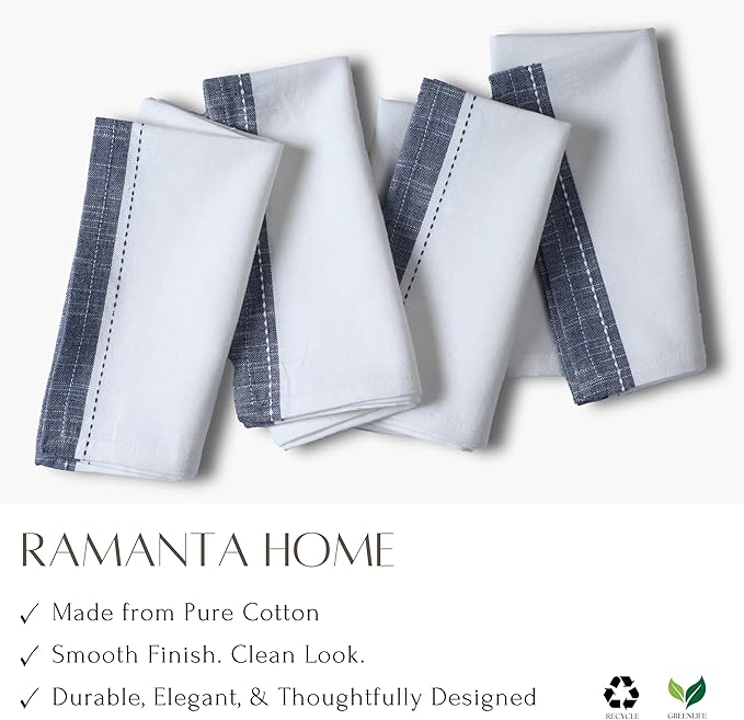 Ramanta Home Cloth Napkins Set of 12 Textured Cotton 18x18 - Premium Contrast Border Thanksgiving Dinner Napkins for Christmas Farmhouse Wedding, Soft Washable Table Linen for Everyday Use - White
