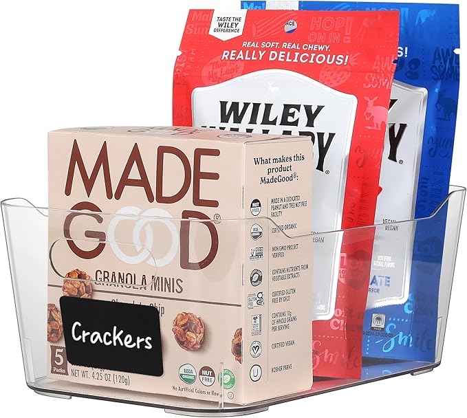 Clear Plastic Storage Bins with Labels and Marker, Perfect for Kitchen Organization or Pantry Organization and Storage, Medium Fridge Organizer and Cabinet Organizers Storage Bins