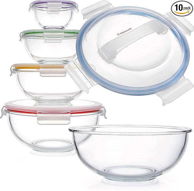 Set of 5 Stackable Space-Saving Nesting Glass Bowls with BPA Free Lids for Foodprep, Storage, Baking, Mixing & Cooking, Microwave Safe - Durable Inert Borosilicate Glass
