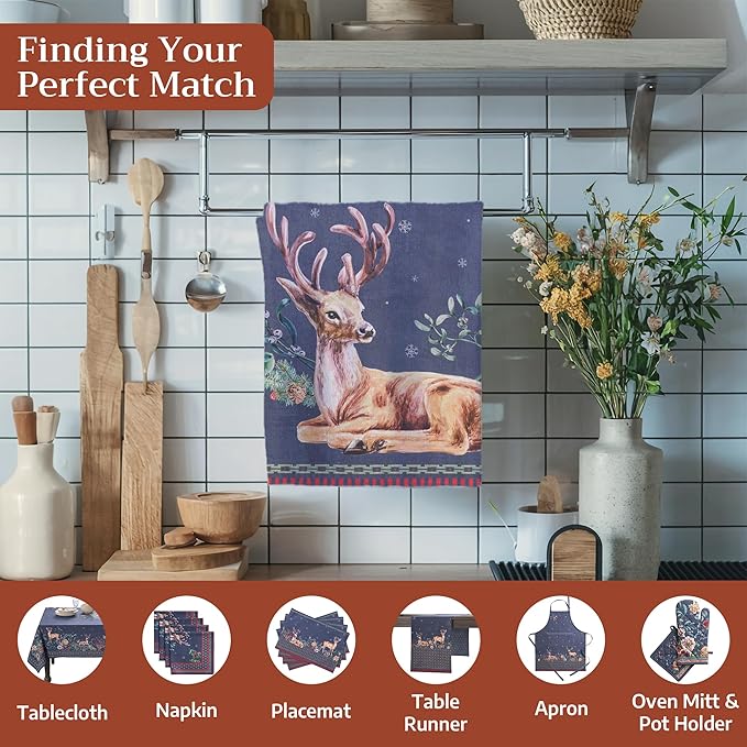 Maison d' Hermine Kitchen Towels Set of 3 100% Cotton 20" x 27.5" Reusable Cloth Tea Dish Towels Absorbent with Hanging Loop for Kitchen Dining Thanksgiving Christmas Decorations (Christmas Joy)