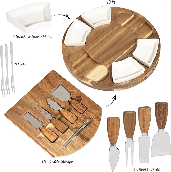 Acacia Cheese Board and Knife Set with Ceramic Bowls, Charcuterie Platter for Entertaining, Wedding & Christmas Gifts, Housewarming and Birthday Gift for Couples