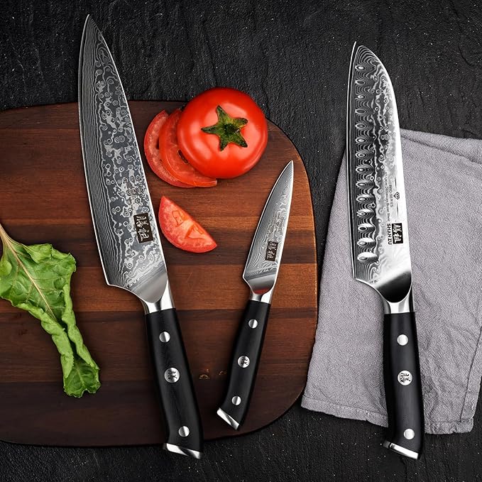 SHAN ZU Damascus Knife Set, Japanese Super Steel 3 PCS Damascus High Carbon Professional Ultra-Sharp Kitchen Chef Knife Set with G10 Handle Gift Box