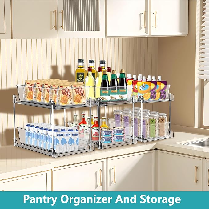 Clear Under Sink Organizers, Pull Out Cabinet Organizer,2 Tier Bathroom Storage Organizer,Cabinet Drawers Organization Bins with Track for Kitchen,Pantry,Fridge,Vanity