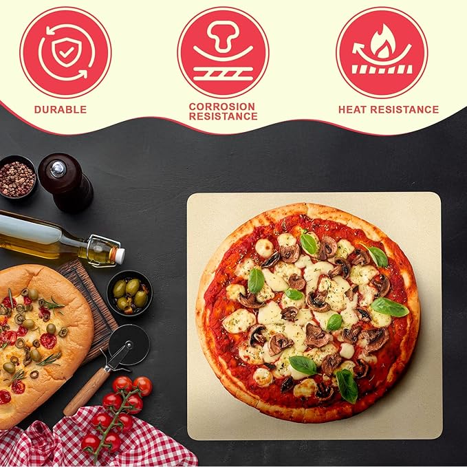 16 Inch Square Pizza Stone for Ninja FlexFlame Grill and Oven, Universal Large Ceramic Stone with Pizza Peel & Plastic Scraper for Ninja Flex Flame Accessories, Kit for Cooking Bread, Calzones & More