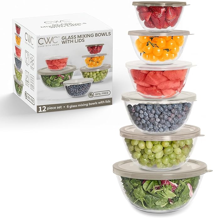 COOK WITH COLOR 12 Pc Glass Mixing Bowl Set with Lids – Borosilicate Glass Nesting Bowls for Cooking, Baking and Meal Prep, Brown