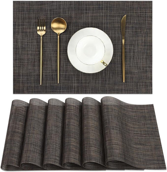 SHACOS Placemats Set of 6 Woven Vinyl Place Mats Wipeable Heat Resistant Plastic Non Slip Table Mats Indoor Outdoor, Black Brown