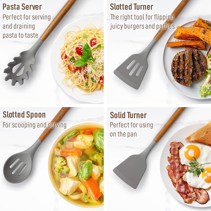 Zulay Kitchen Utensils Set Non-Stick Silicone Cooking Utensils Set with Authentic Acacia Wood Handles - 8 Piece Set - Silicone Kitchen Utensils Set with 464°F Heat Resistance - Gray