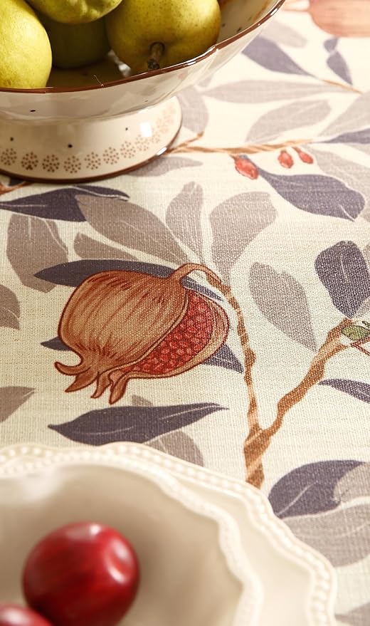 patdrea Designer Brown Tablecloth for Round Tables,Framhouse Linen Pomegranates and Leaves Tree Linen Tablecloth,Fall Fruits Table Cover Cloth Decor for Kitchen Dining Christmas,Diameter 55"