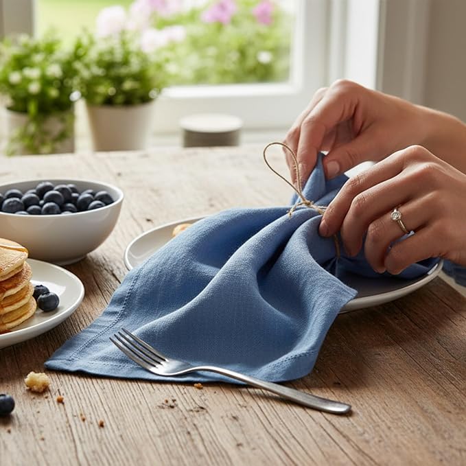 Hemstitched Linen Napkins – 20 Inch x 20 Inch – Stonewashed Pure Linen Cloth Dinner Napkins with Mitered Corners - 100% French Flax – Machine Washable - Set of 4 (Dusty Pastel Blue)