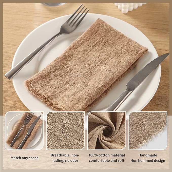 Handmade Cloth Napkins with Fringe, 100% Cotton Napkins, Delicate Handmade Linen Napkins for Dinners, Parties, Weddings and More, 17 x 17 Inch Set of 12 - Brown