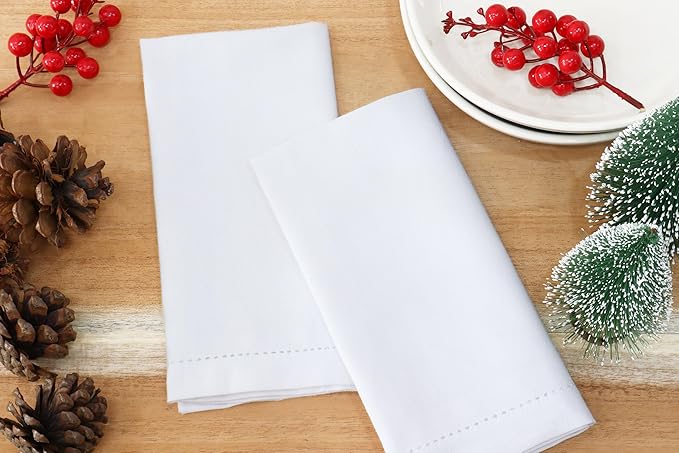 PurpleEssences Set of 6 Hemstitch Cloth Dinner Napkins 100% Cotton - Soft Durable Washable - Ideal for Wedding Christmas Holiday Winter - Perfect Everyday Use Table Linen 18x18 - White