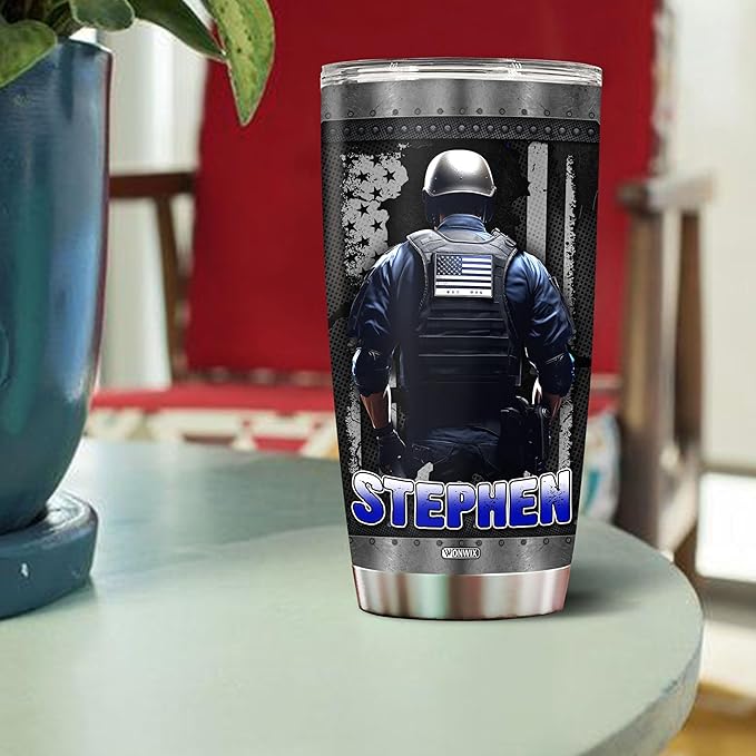 Personalized Police Tumbler Gifts for Men 20oz with Lid Travel Cup Coffee Mug Stainless Steel Insulated Water Bottle Gift for Police Man Dad Father Boy Friends