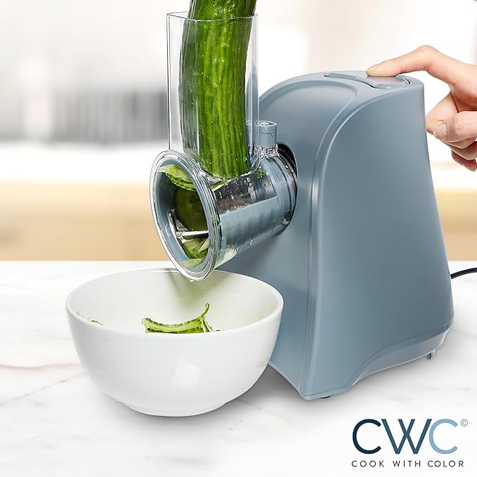 COOK WITH COLOR 5-in-1 Electric Slicer, 150W Food Prep Machine – Parmesan Shredder, Fine & Coarse Graters, Potato Grater, Vegetable Slicer, Compact Design for Bowl Prep, Blue/Grey