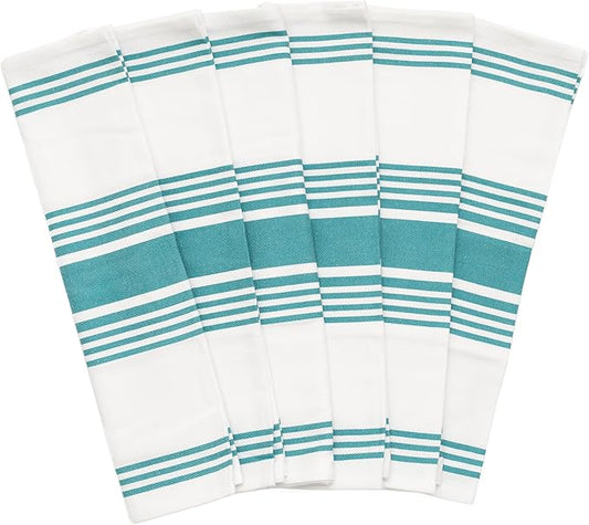 Teal Stripes Cotton Kitchen Towels - 6 Pack, 30"x20", 100% Cotton Teal Dish Towels with Hanging Loop - Lint-Free, Absorbent, Reusable, Washable, Large Size and Durable Dish Rags