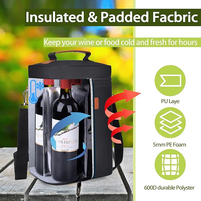 Tirrinia 4 Bottle Wine Gift Tote Carrier - Leakproof & Insulated Padded Versatile Wine Cooler Bag for Travel, BYOB Restaurant, Wine Tasting, Party, Dinner,Gift for Wine Lovers, Black