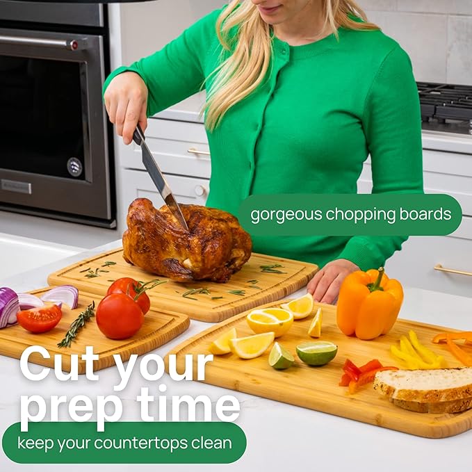 Organic Wood Cutting Boards for Kitchen for Chopping Vegetables, Carving Meat, Slicing Bread and Serving Charcuterie for Meal Time Prep, Holiday Gatherings, and Hosting Parties - Ideal for Home Chefs
