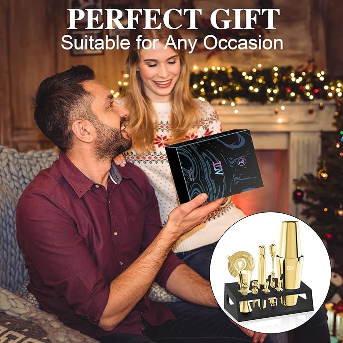 IOV Cocktail Shaker Set: 12-Piece Mixology Bartender Kit Bar Set | 18oz & 28oz Boston Shaker Drink Mixing Tools for Home with Recipe Booklet and Stand | Fun Housewarming Gift (Gold)