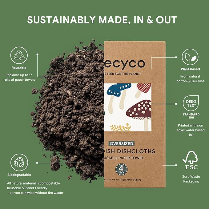 RECYCO Swedish Dishcloths for Kitchen | 4 Pack Oversized Washable Dish Rags | Large Cellulose Reusable Cleaning Paper Towels | Absorbent Counter Dish Cloth Sponge XL Kitchen Wipes, 12" L x 10" W