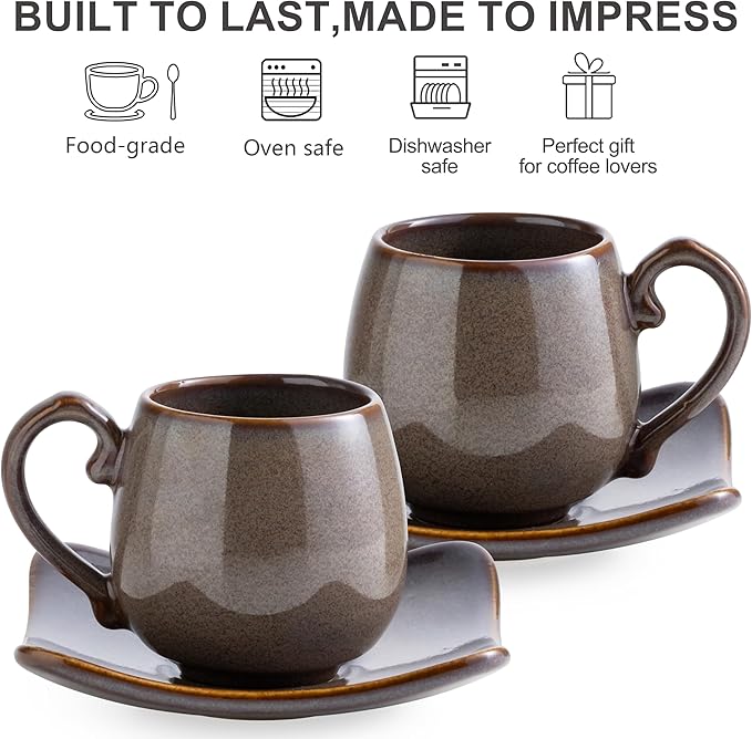 LYEOBOH 3oz Coffee Espresso Cups with Saucers Set of 6, Ceramic Small Coffee Cups with Holder and Spoons, Cute Demitasse Cups for Espresso, Latte, Mocha, Housewarming Gift - Farmhouse, Brown