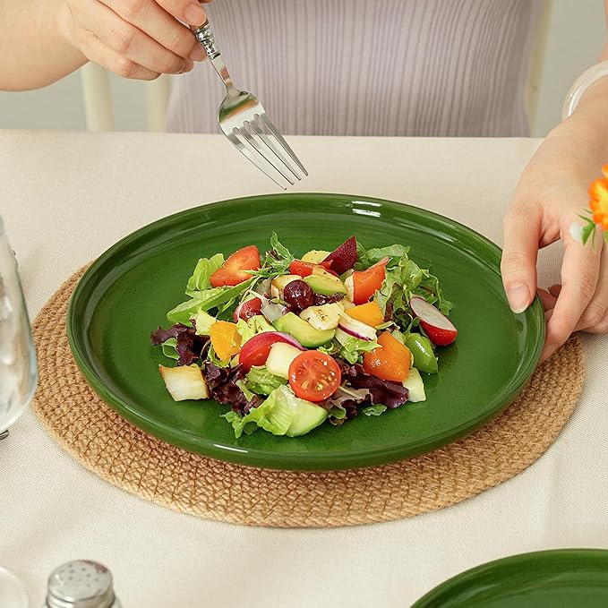 Stoneware Salad Plates Set of 4, 8 Inch Plates for Dessert, Ceramic Plates Sets, Microwave Safe, Dishwasher Safe, Versatile for All Seasons, Forest Glaze Green