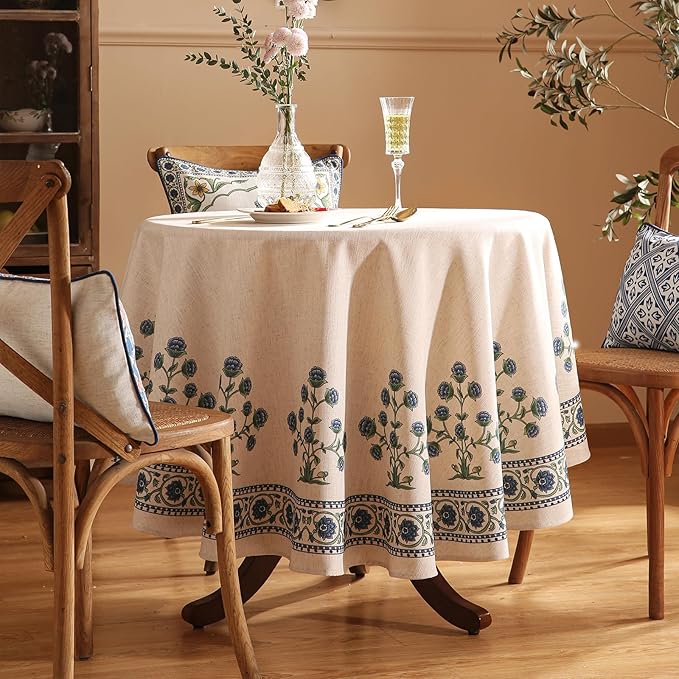 patdrea Designer Blue Tablecloth for Round Tables,Vintage Linen with Leaves and Flowers Pattern Tablecloths,Farmhouse Floral Table Cover Cloth Decor for Kitchen Dining Christmas,Diameter 55"