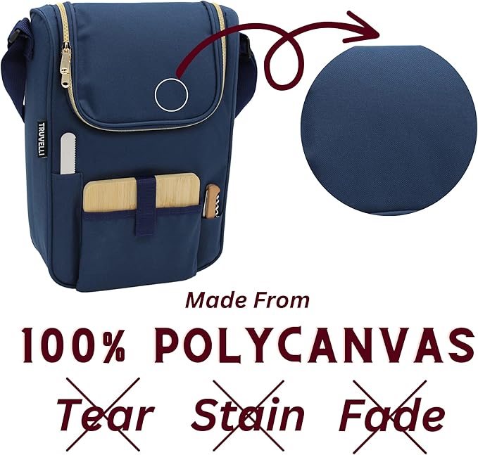 Truvelli Plush Picnic Premium Wine Bag, 7-in-1 Insulated 2 Bottle Wine Carrier Tote, Wine & Cheese Cooler Bag, Great Gifts for Wine Lovers (Deep Blue)