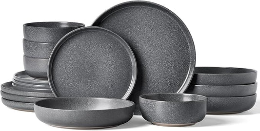 Famiware Milkyway Stoneware Dinnerware Sets with Pasta Bowls, Service for 4 (16 Pieces), Reactive Glaze Plates and Bowls Sets, Microwave and Dishwasher Safe Dishes Set, Matte Dark Charcoal