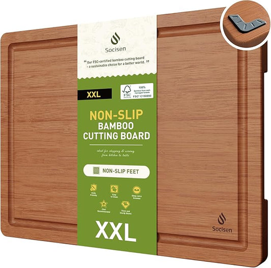 Extra Large Bamboo Cutting Board with Non Slip Feet and Over Sink Butcher Block Chopping Board Nice Solid Thick Wooden Juice Groove Big Xl XXl xlarge Best Hardwood Kitchen Counter Organic