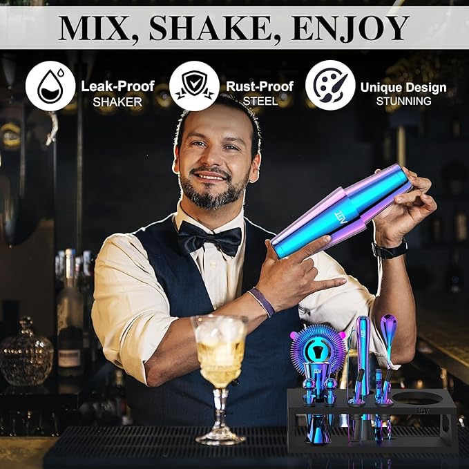 IOV Cocktail Shaker Set: 12-Piece Mixology Bartender Kit Bar Set | 18oz & 28oz Boston Shaker Drink Mixing Tools for Home with Recipe Booklet and Stand | Fun Housewarming Gift (Rainbow)