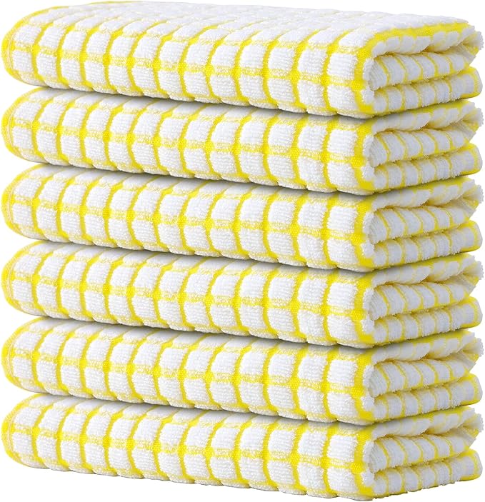 Kitinjoy Cotton 6 Pack Terry Kitchen Towels, 16 x 25 Inches Super Soft and Absorbent Dish Towels, Quick Drying Hand Towels for Kitchen Drying, Yellow