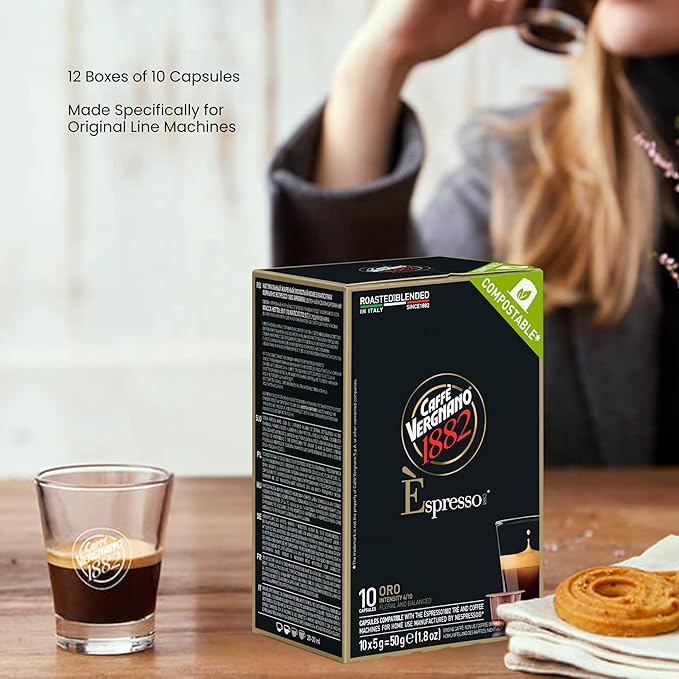Caffe' Vergnano 1882 120 Count Oro Original Line Machine Compatible, Compostable Expresso Capsules, Arabica Medium Roast Coffee Pods with notes of Vanilla and Milk Chocolate, Intensity 4/10