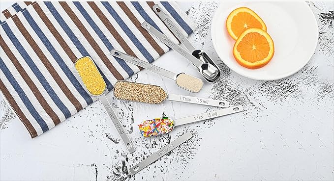 6-Piece Measuring Spoons Set, Stainless Steel, Long Handle, Nesting, 1/8 Teaspoon to 1/4 Cup