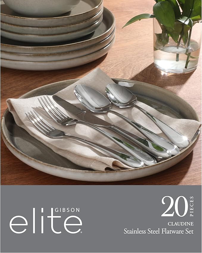 Gibson Elite 20 Piece Flatware Mirror Polish Silverware Set - Stainless Steel Utensils - Forks, Spoons, Knives