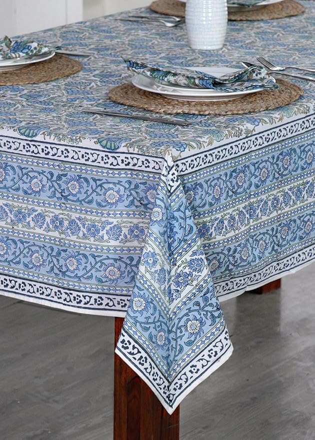 Ridhi Asparagus Green Floral Tablecloth 48x102 Inch Cotton Rectangular Tablecover Hand Block Print Washable Reusable Boho Dining Table Cloth for Wedding Thanksgiving Holiday Decor