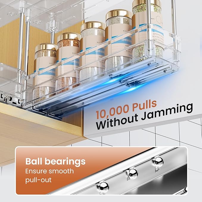 Pull Out Spice Rack Organizer for Cabinet, Slide Out Spice Racks Organizer, Easy to Install Spice Cabinet Organizers, 2.3''Wx10.35''Dx8.26''H, 3 Pack-2 Tier(Clear)