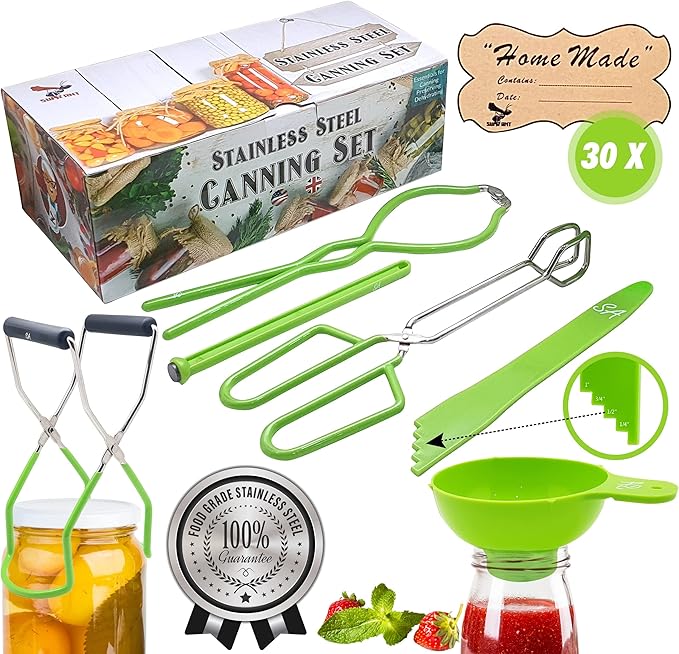 Supa Ant Canning Supplies - USA Assembled & Certified Food Grade Stainless Steel Starter Set Canning Kit for Beginners - Wide Kitchen Funnel, Jar Lifter and Wrench, Bubble Popper/Measurer, Lid Lifter