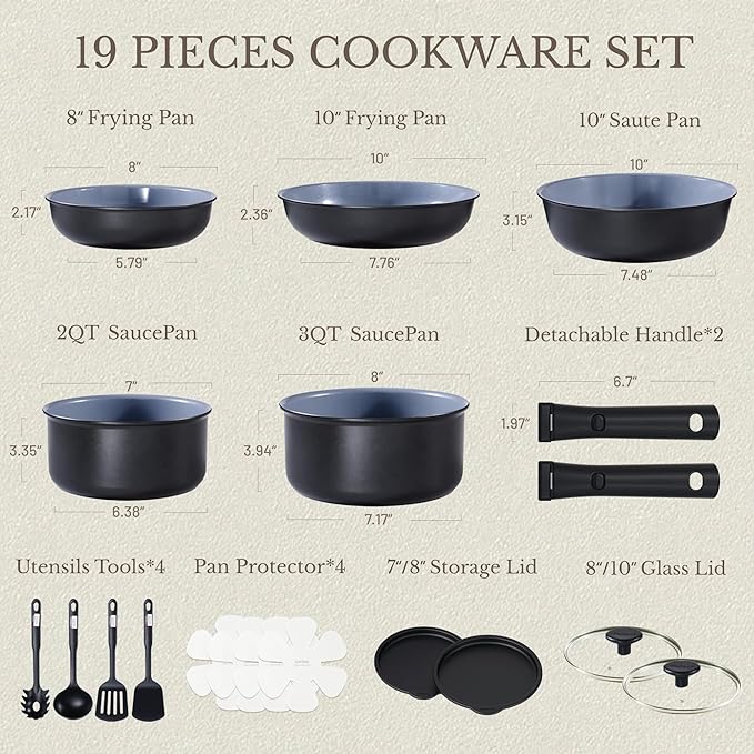 CAROTE 19PCS Ceramic Cookware Sets, Pots and Pans Set Non Stick Non Toxic, Induction Cookware, Kitchen Cookware Sets, Pots Set for Healthy Coooking, Gray