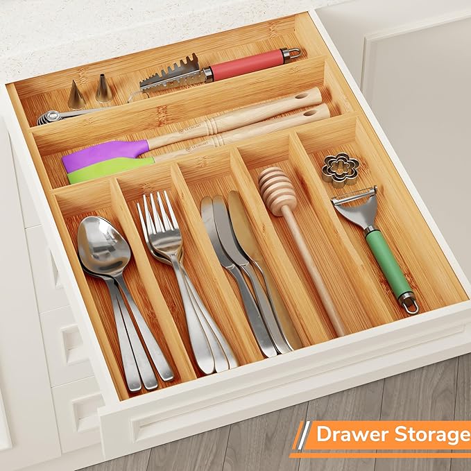 BAMEOS Bamboo Silverware Drawer Organizers, 11.9 inch Utensil Drawer Organizer for Kitchen Drawers, 7 Slots Total Large Flatware Organizer for Knives Cutlery Spoons Forks (Natural)