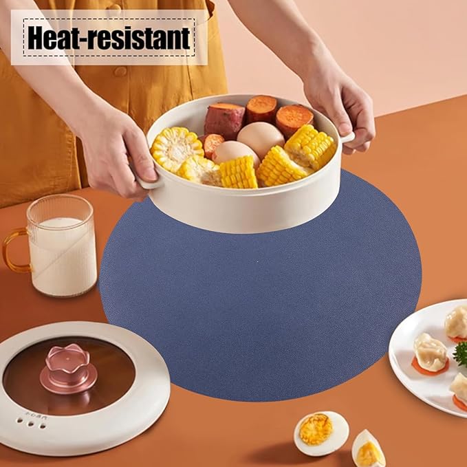 Faux Leather Placemats Set of 6 Reversible,Round PU Placemat for Dining Table,Waterproof Table Mats Heat Resistant Wipeable Anti Slip Washable,Modern Table Protectors(Navy Blue and Yellow)