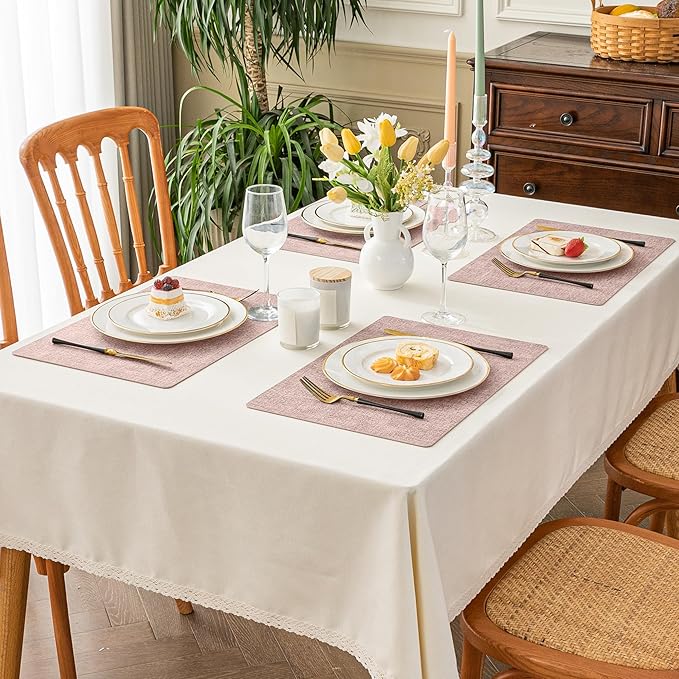 Romanstile Vinyl Placemats Set of 6-12 X 18 Inch - Heat Resistant Place Mats 100% Waterproof Oilproof Wipeable Reversible Faux Leather Table Mats for Kitchen/Dining/Party/Outdoor, Pink